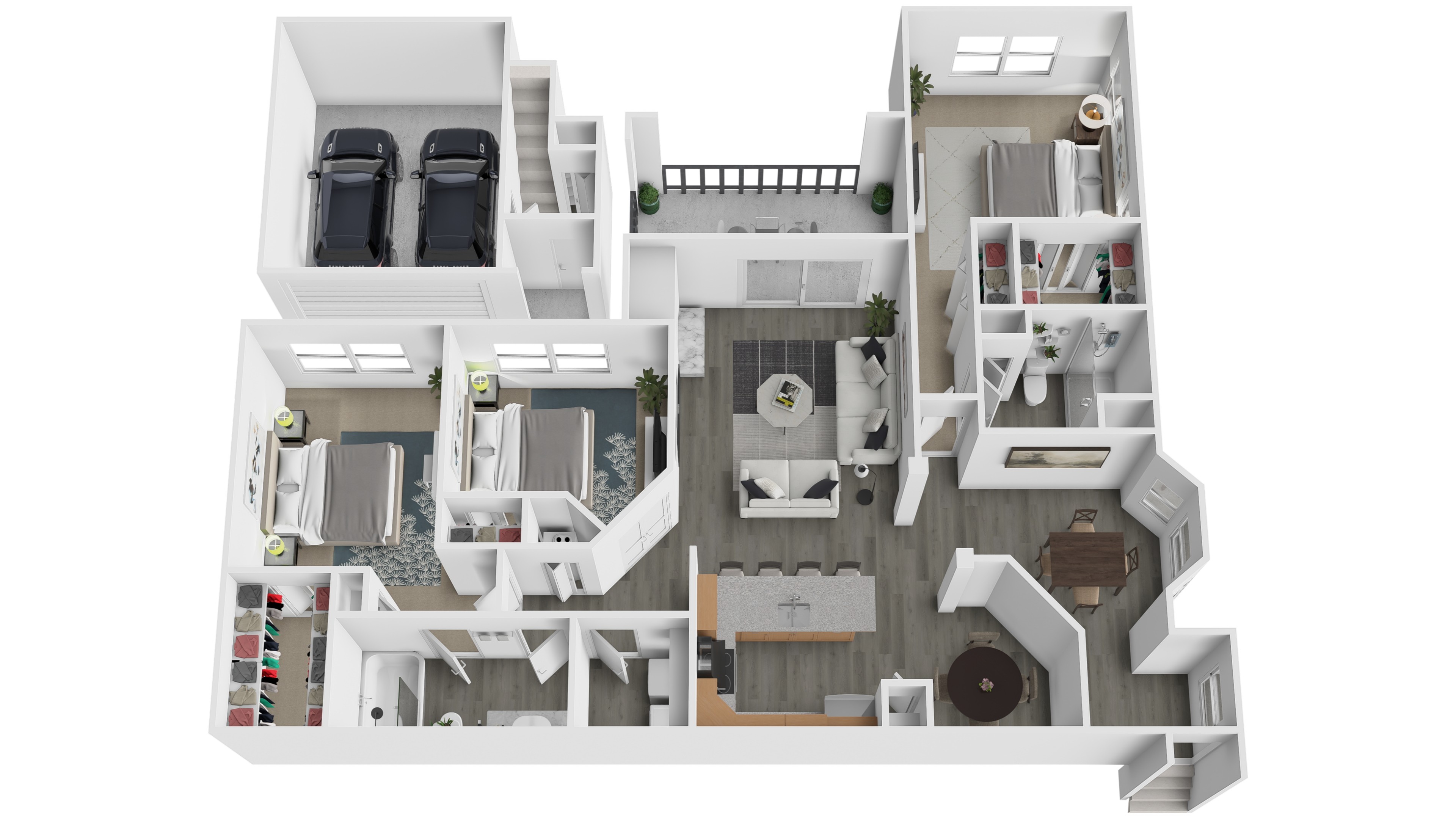 A 3D floor plan of a house with two bedrooms, a living room, a kitchen, and a garage.